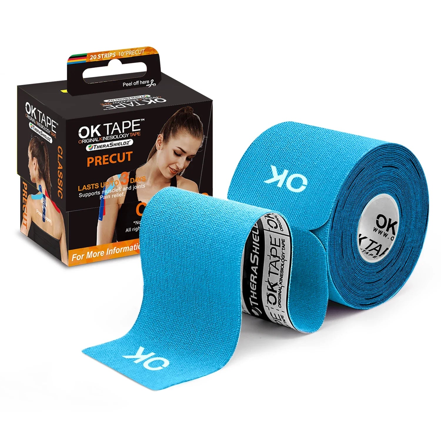 OK TAPE 4 Rolls Kinesiology Tape Precut, Cotton Elastic Athletic Tape Latex Free,20 Strips per Roll 2In X 16Ft,Muscle Support,Black