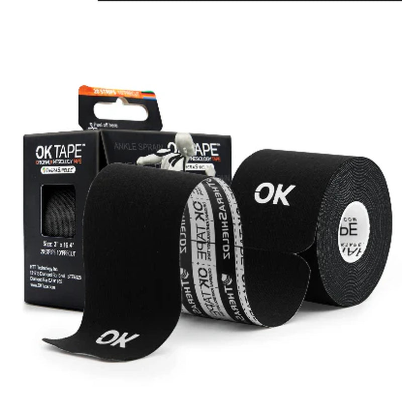 OK TAPE 4 Rolls Kinesiology Tape Precut, Cotton Elastic Athletic Tape Latex Free,20 Strips per Roll 2In X 16Ft,Muscle Support,Black