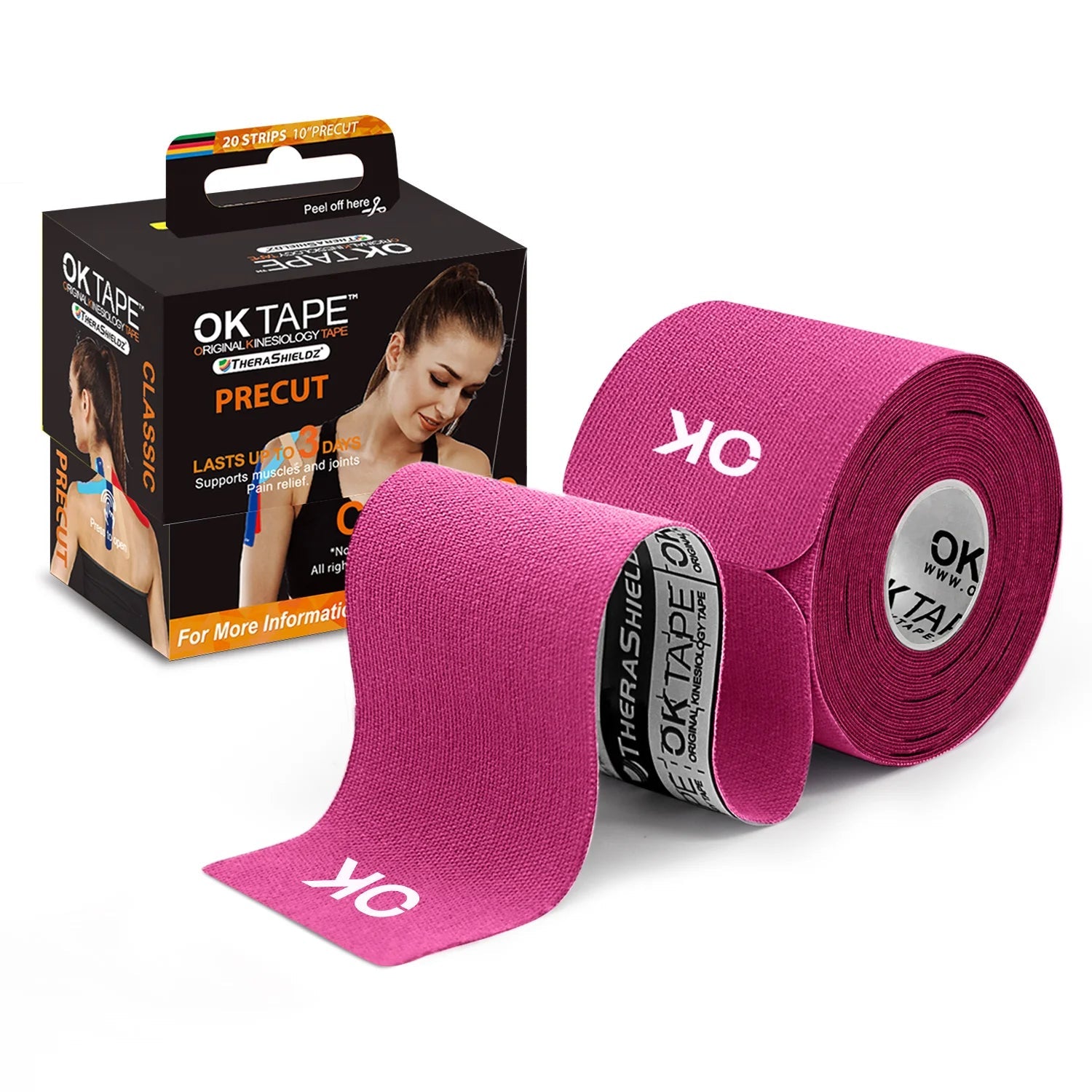 OK TAPE 4 Rolls Kinesiology Tape Precut, Cotton Elastic Athletic Tape Latex Free,20 Strips per Roll 2In X 16Ft,Muscle Support,Black