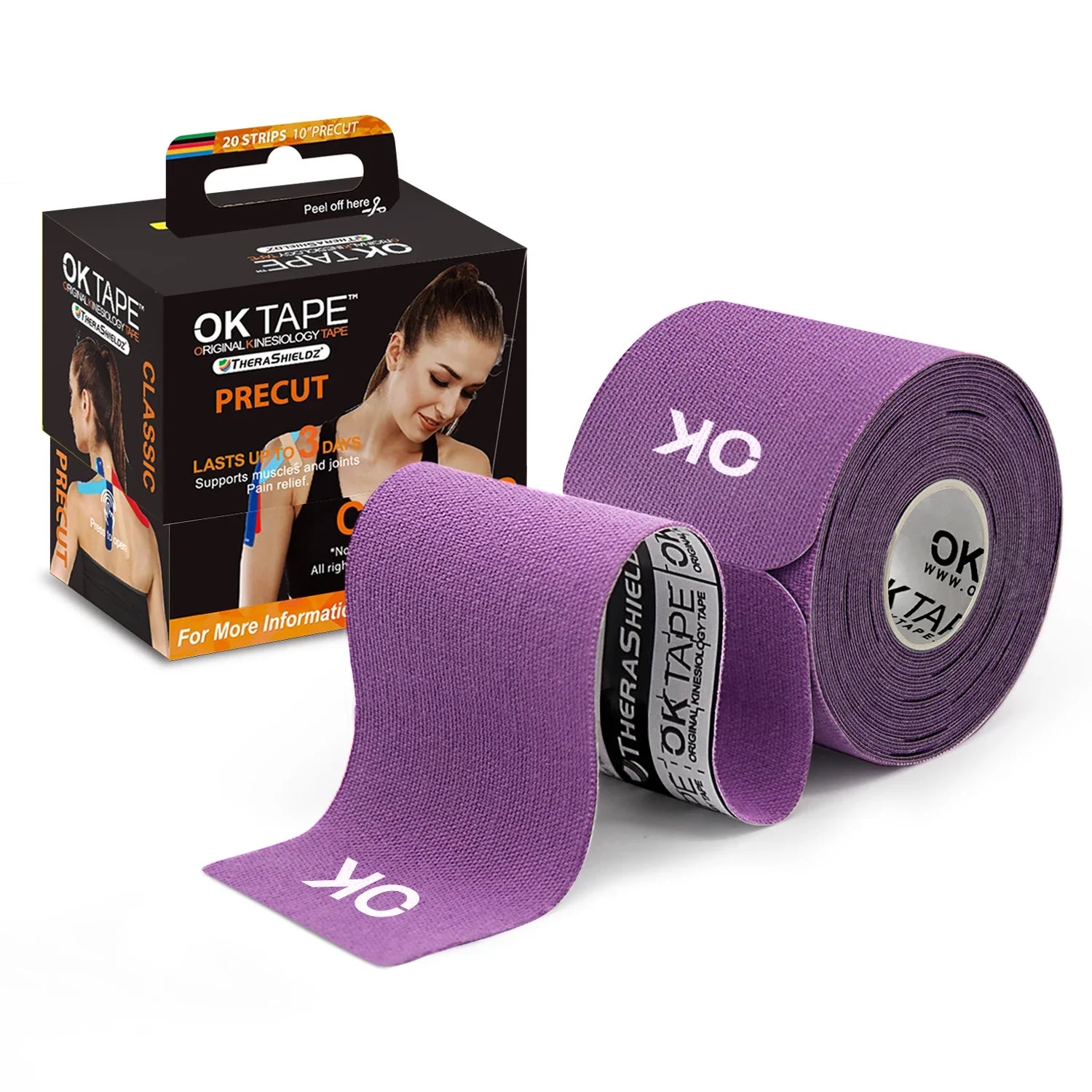 OK TAPE 4 Rolls Kinesiology Tape Precut, Cotton Elastic Athletic Tape Latex Free,20 Strips per Roll 2In X 16Ft,Muscle Support,Black