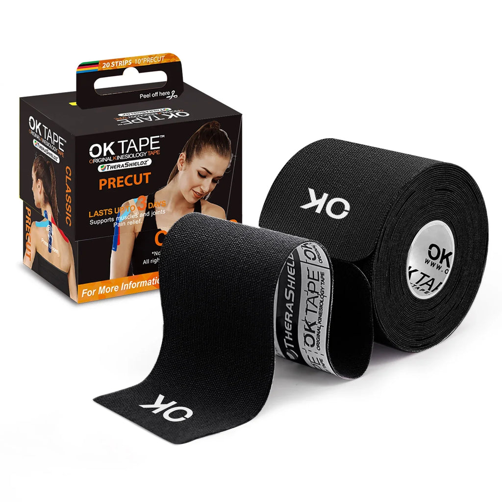 OK TAPE 4 Rolls Kinesiology Tape Precut, Cotton Elastic Athletic Tape Latex Free,20 Strips per Roll 2In X 16Ft,Muscle Support,Black