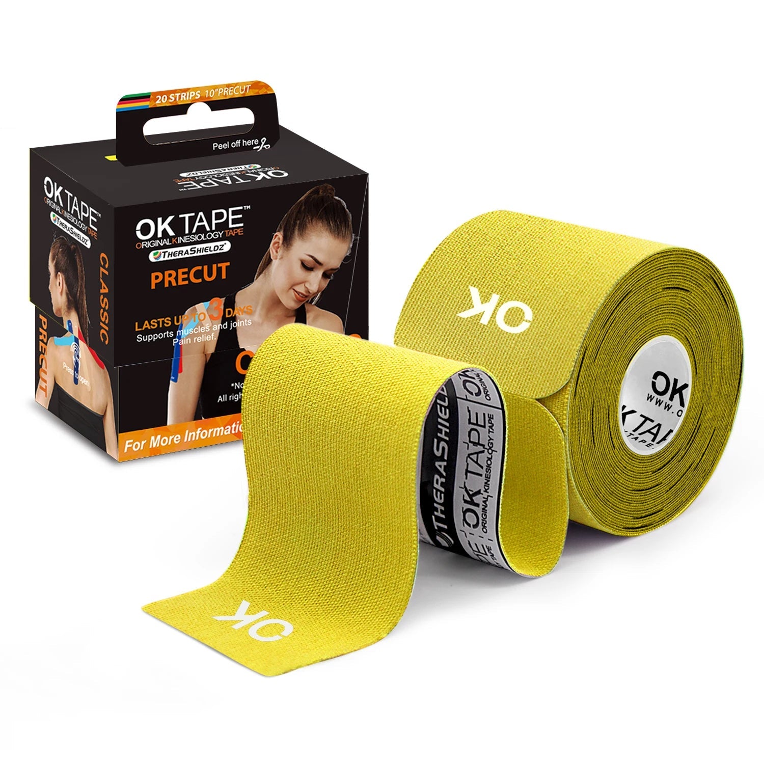 OK TAPE 4 Rolls Kinesiology Tape Precut, Cotton Elastic Athletic Tape Latex Free,20 Strips per Roll 2In X 16Ft,Muscle Support,Black