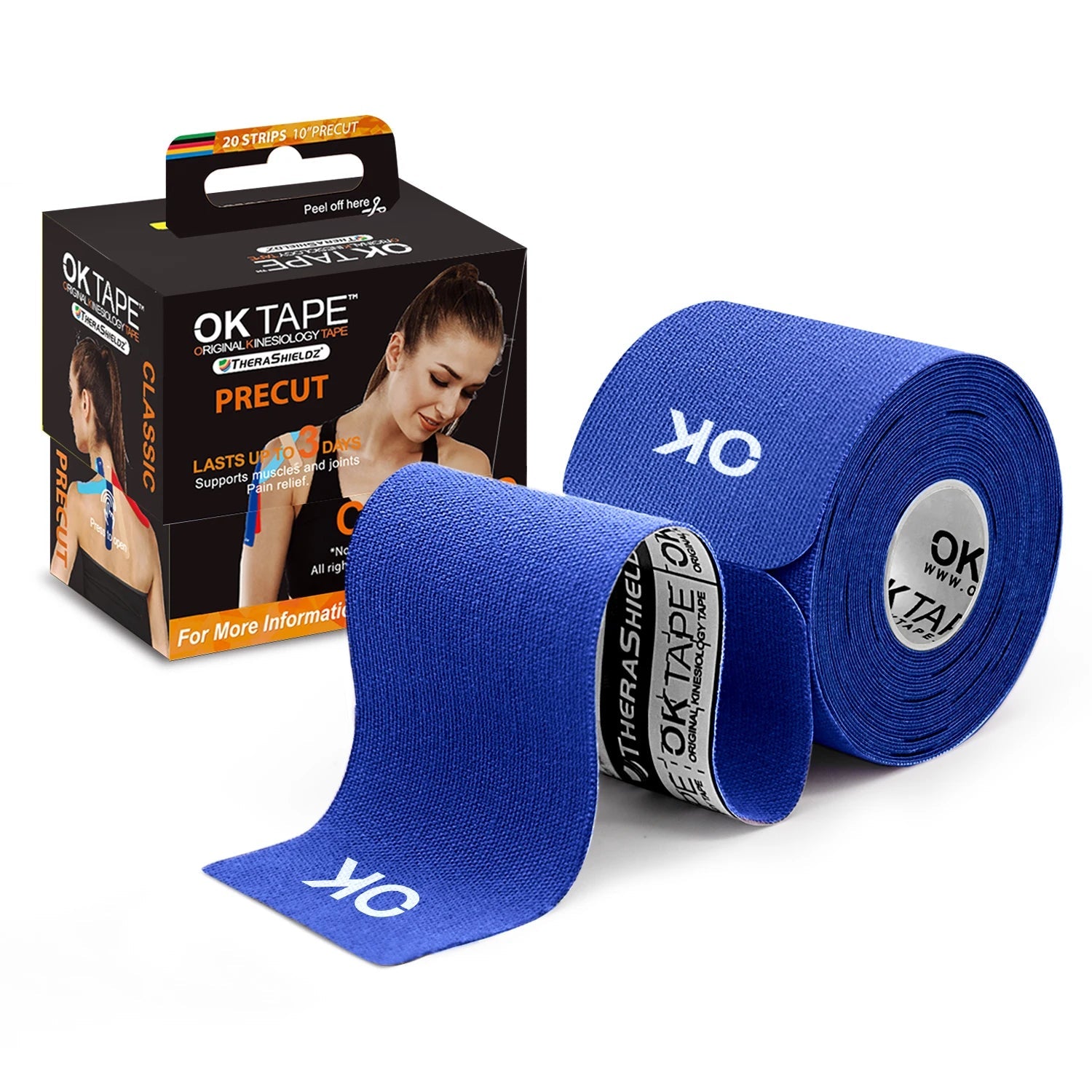 OK TAPE 4 Rolls Kinesiology Tape Precut, Cotton Elastic Athletic Tape Latex Free,20 Strips per Roll 2In X 16Ft,Muscle Support,Black