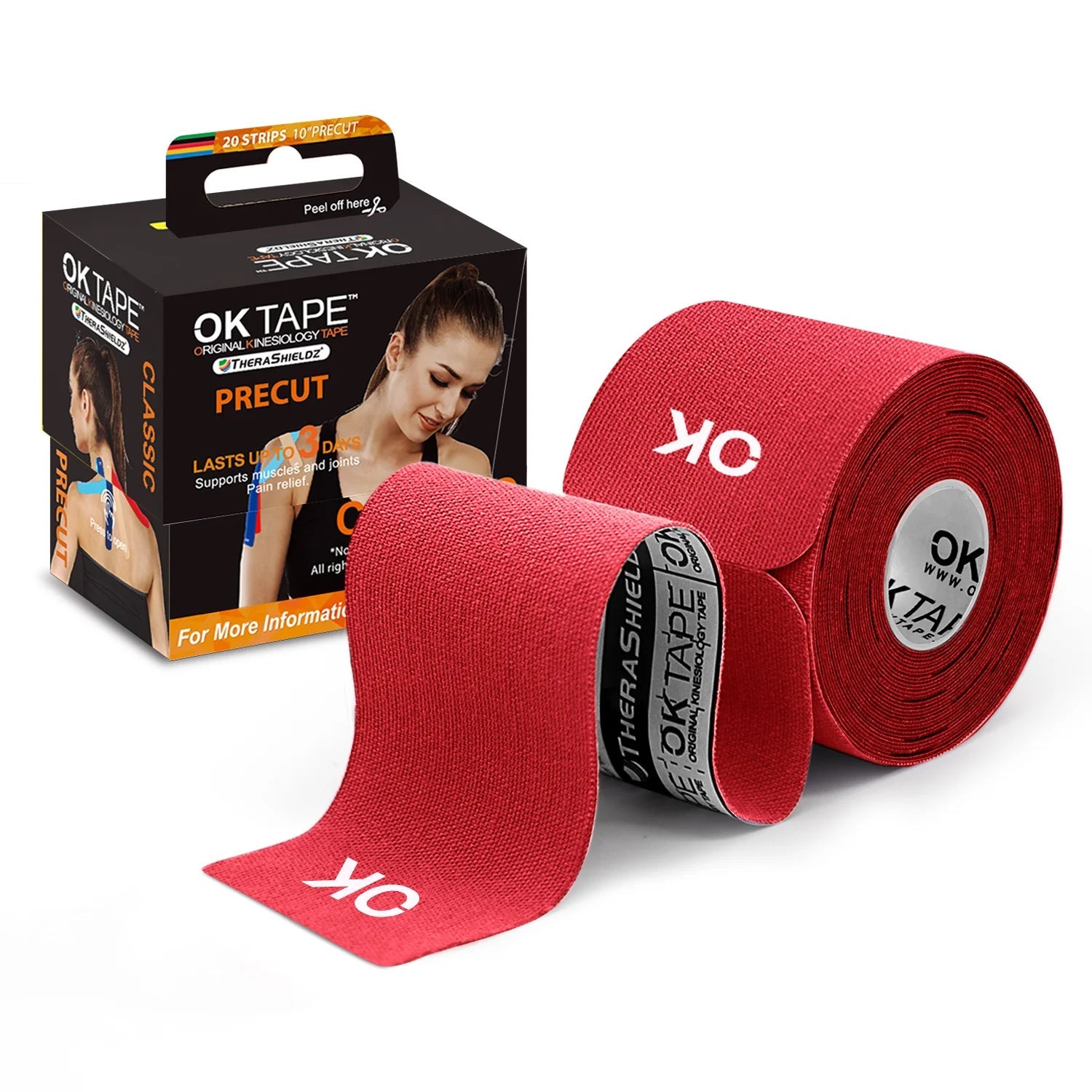 OK TAPE 4 Rolls Kinesiology Tape Precut, Cotton Elastic Athletic Tape Latex Free,20 Strips per Roll 2In X 16Ft,Muscle Support,Black